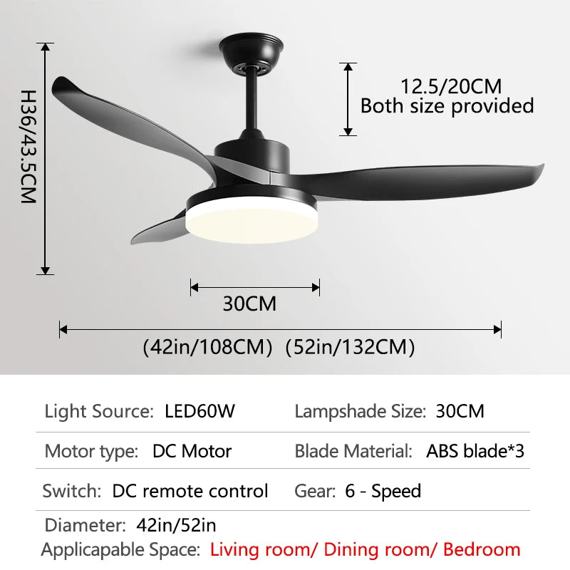 52Inch 3 ABS Blade DC 35W Pure Copper Motor Ceiling Fan With 60W LED Light Support Remote Control Strong winds Electric fans