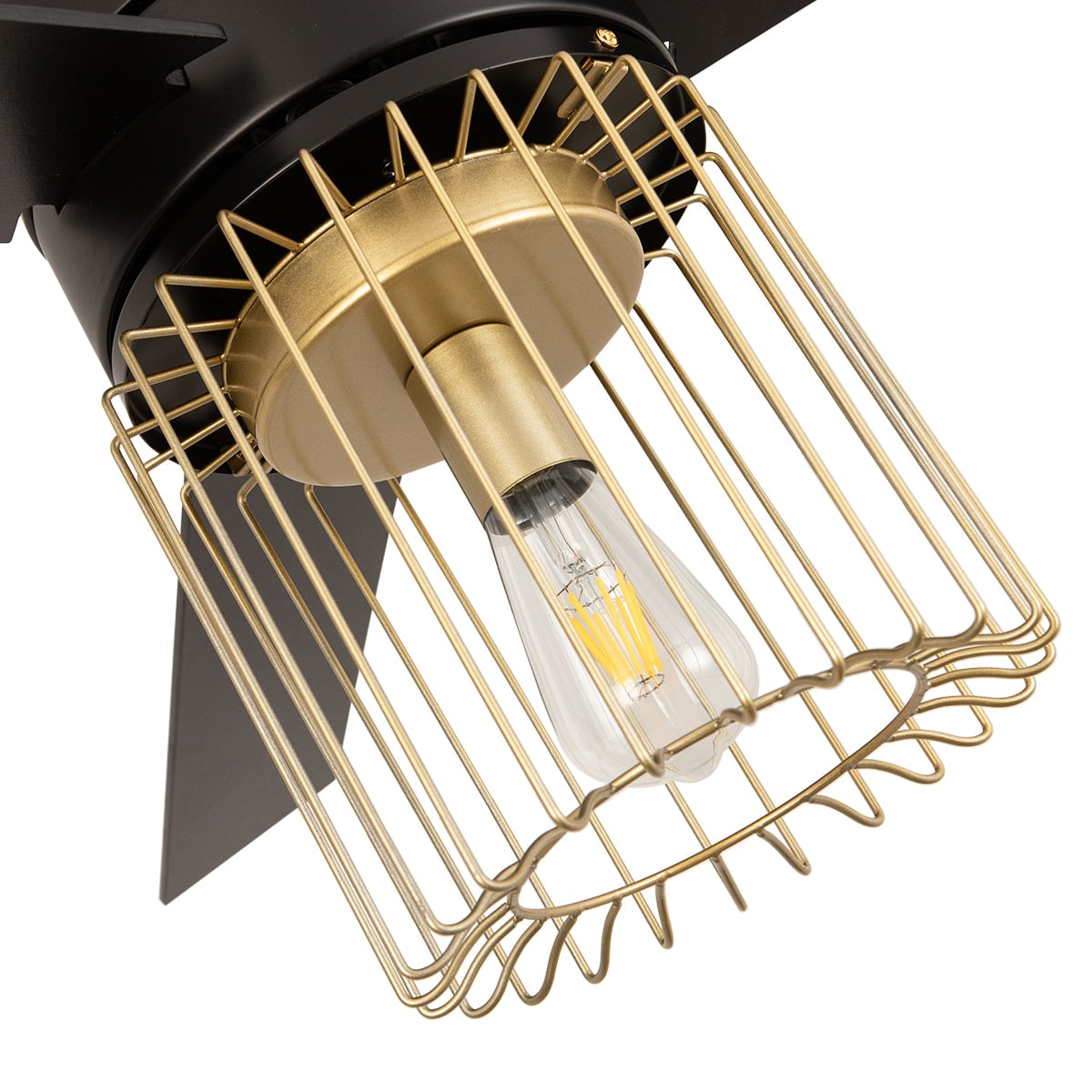 48 Inch Black/White Ceiling Fan 3 Blades 1 Light with Metal Wire-Caged Lampshade and Remote Control for Bedroom