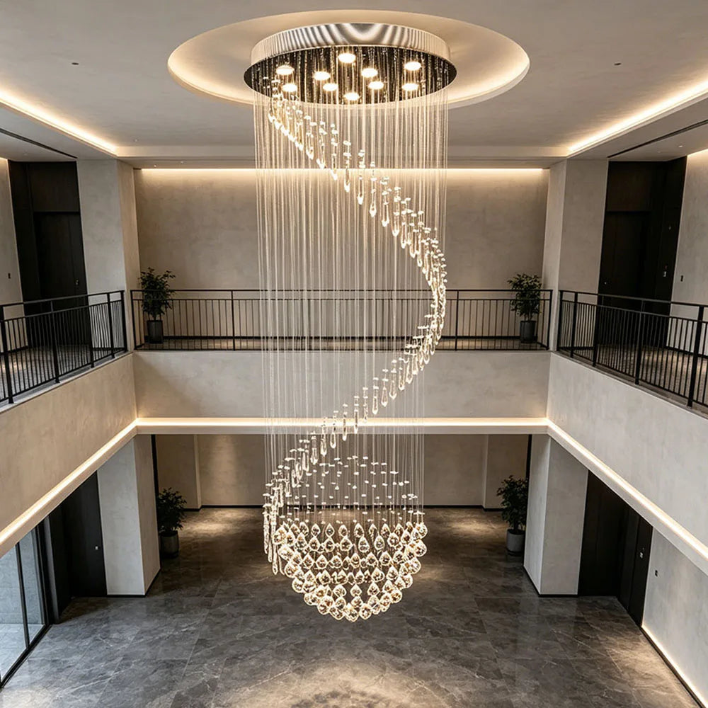 Luxury Vertical Crystal Ball Raindrop Chandelier Polished Stainless Steel Ceiling Plate Long Suspension Light For Stairwell Loft