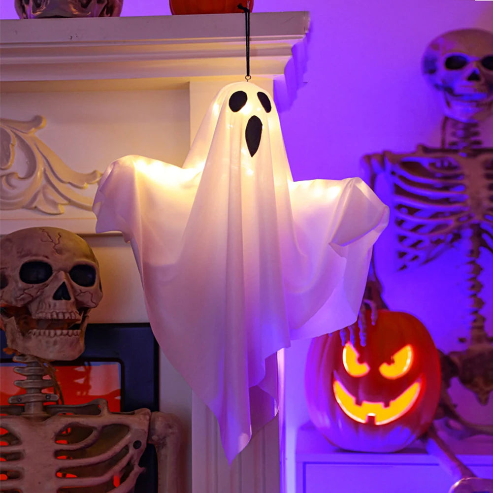Halloween Glowing White LED Hanging Ghost - Horror Prop with Fairy Lights
