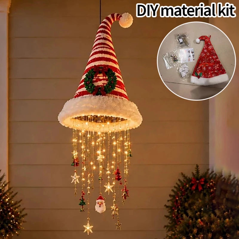 Christmas Santa Hat Hanging Light LED Lamp with Christmas Pendants Winter New Year Party Home Wall Ceiling Decor Ornament