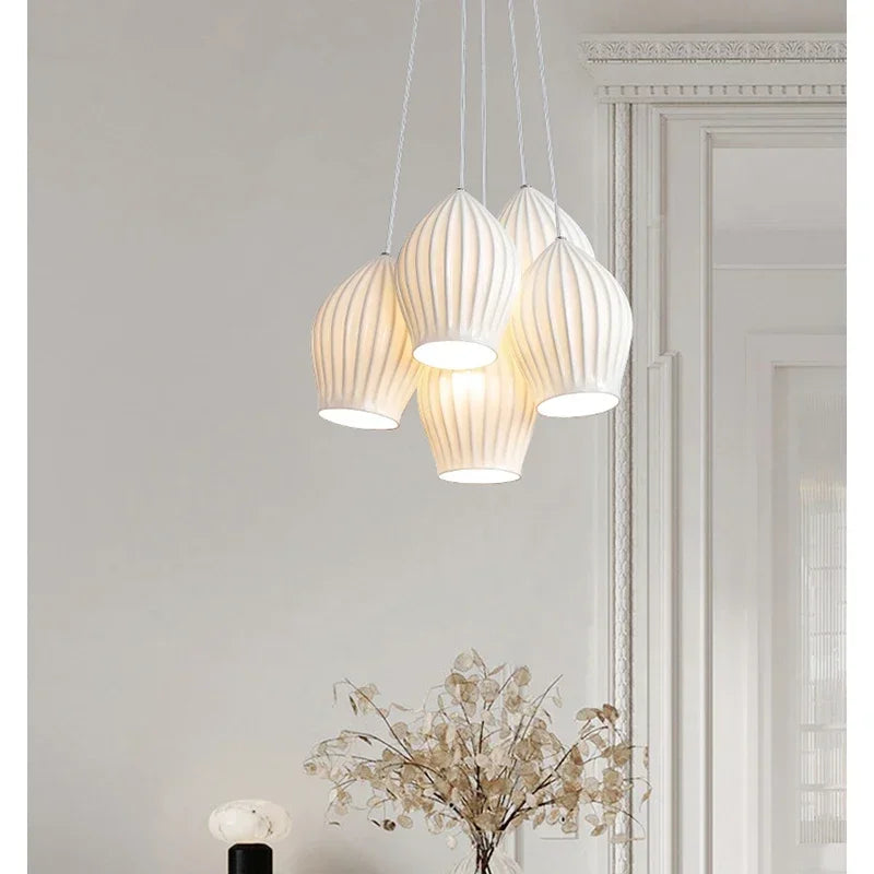 Mid-Century White Ceramic Cluster Pendant Light (3/5 Lamp) - Vintage Small Milk Glass Style Ceiling Chandelier Fixture for Kitchen Island & Dining Room