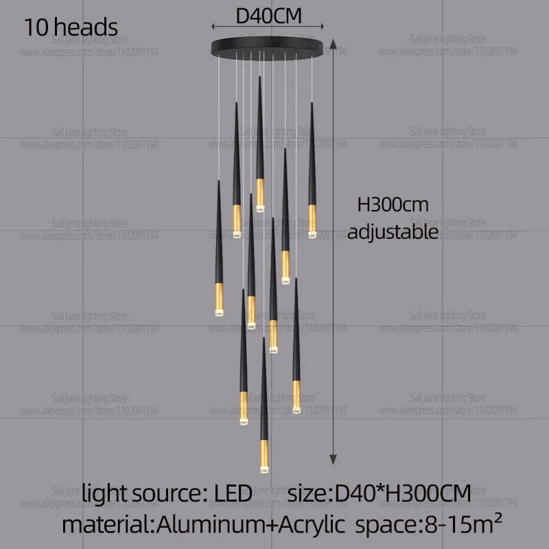 New Luxury Chandelier Nordic Conical Light Modern Living Room Duplex Attic Long Pendant Light Villa Staircase LED Pendant Light