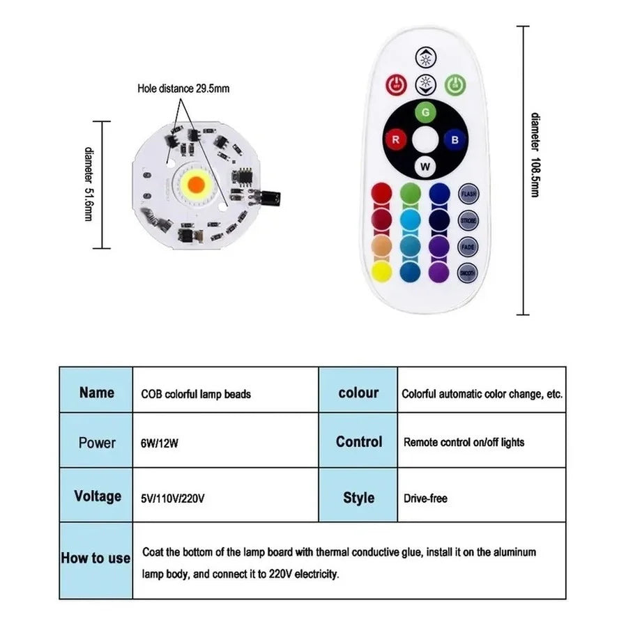 Driverless RGB COB LED Chip (220V / 5V USB) with Remote Control - High-Power DIY Floodlight Light Engine