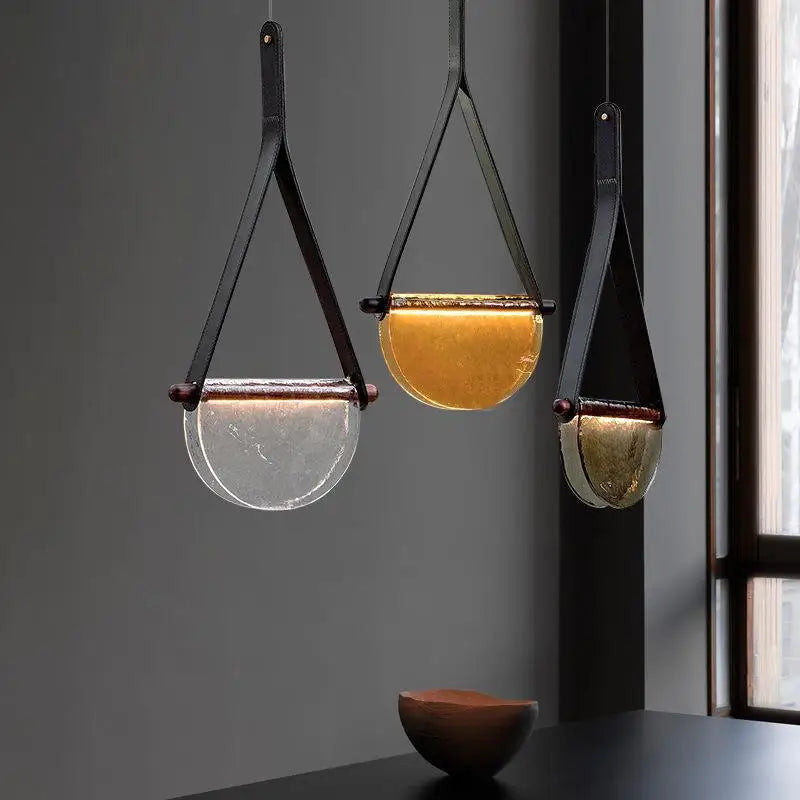 Nordic Leather Handmade Glass LED Lights Creative Belt Design Pendant Lamp for Bedroom Restaurant  Designer Model Room Decor