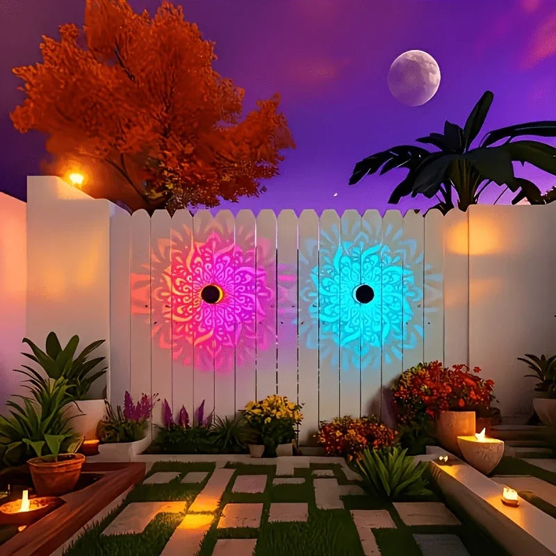 Colorful Mandala Lantern LED Solar Light Outdoor Projection Wall Lamp for Garden Terrace and Stair Lighting Courtyard Backyard
