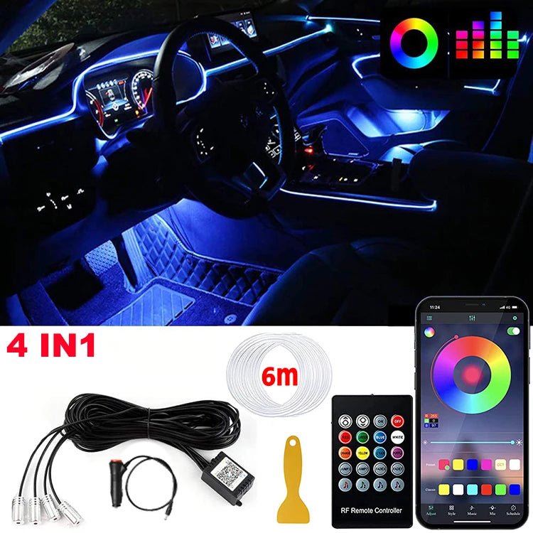 Fiber Optic LED Car Ambient Lighting - RGB Neon Interior Atmosphere Kit