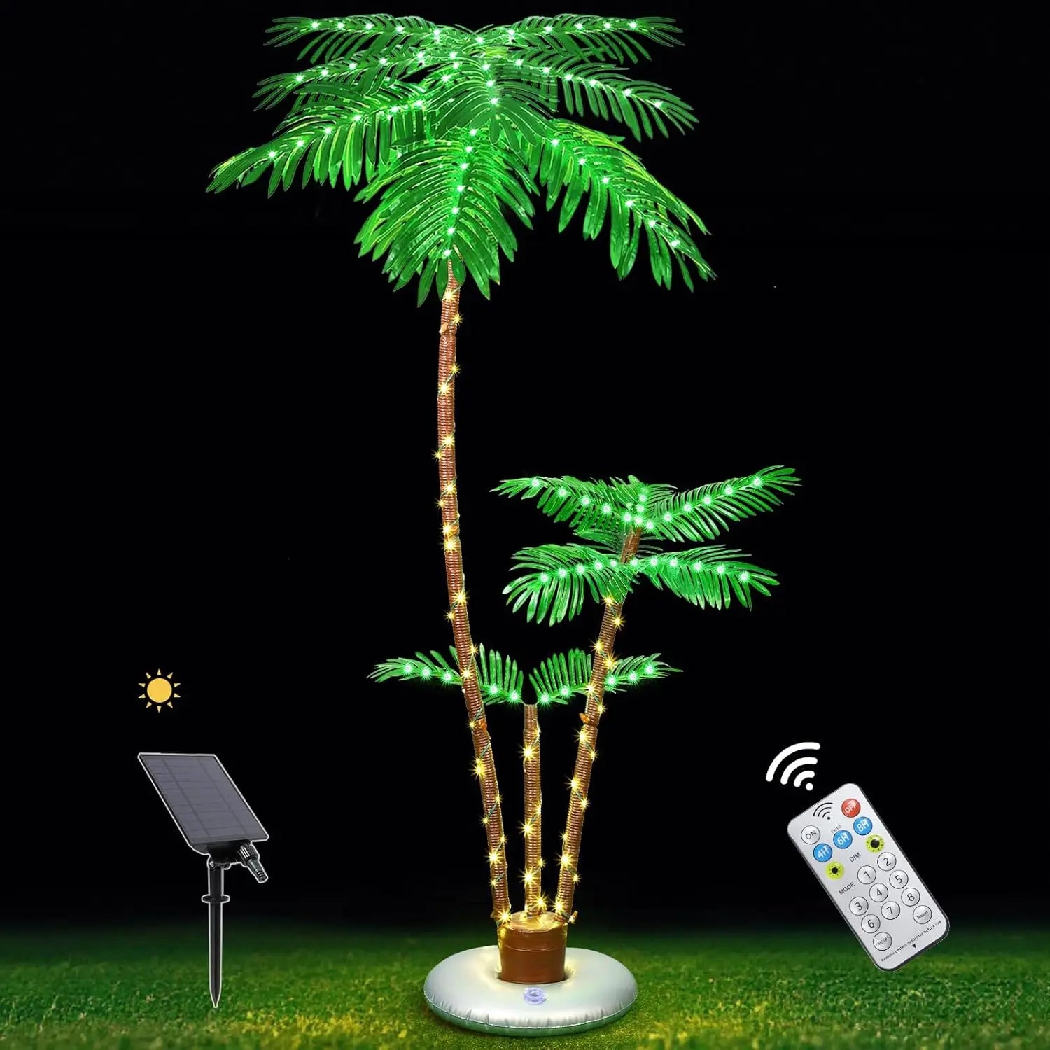 Outdoor terrace with solar powered lighting for palm trees, outdoor Christmas decoration with LED artificial tree lights