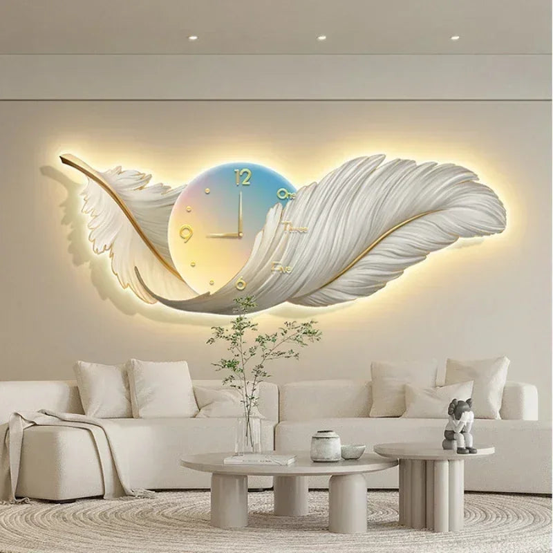 LED Wall Clock Light Luxury Large Art Clocks Living Room Decors  Painting Wall Watch Feather Silent Clock Renog Home Decoration