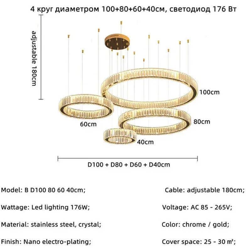Luxury Design Gold Crystal LED Chandelier K9 Crystal Dimmable Pendant Light for Living Room Bedroom Hotel Villa Decor