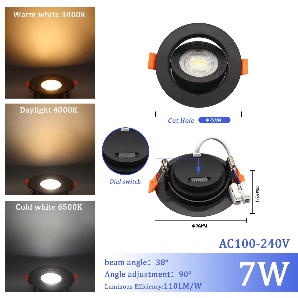LED Change Color 3 CCT 3000K 4000K 6000K LED Ceiling Spotlight Embedded Light 7W AC 110V 220V Adjust 90°  1-10pcs Lighting Spot