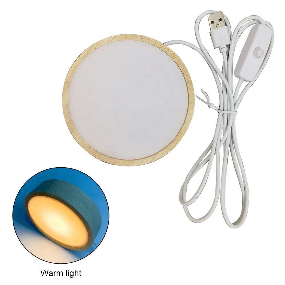 USB Plug Wooden Led Lamp Holder Round Display Stand Lamp Holder Crystal Art Ornament Luminous Base Ambient Lamp Night Light