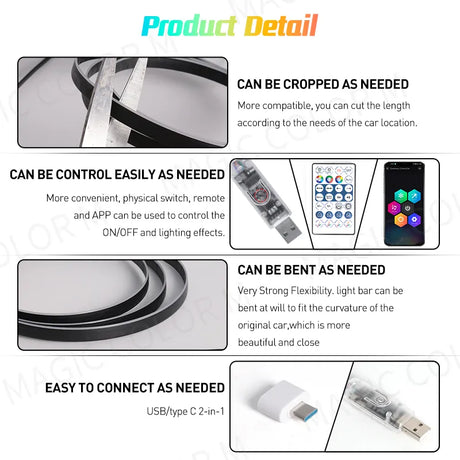 Universal Car Ambient Lights LED Interior RGB Symphony Atmosphere Lamp USB APP Control Remote