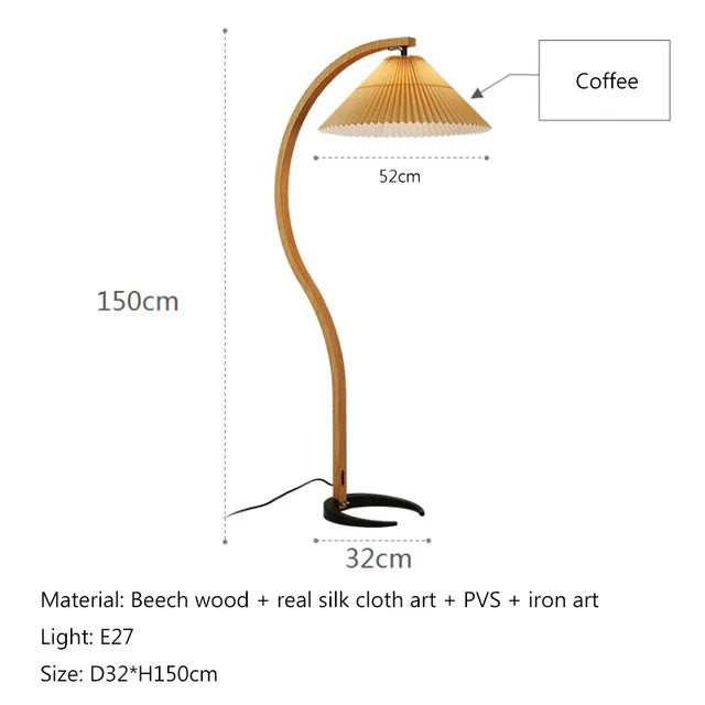 Japanese Curve floor lamp LED Soild Wood stading Lamp pleated lampshade Living Room Bedroom Study Decor sofa side reading Light