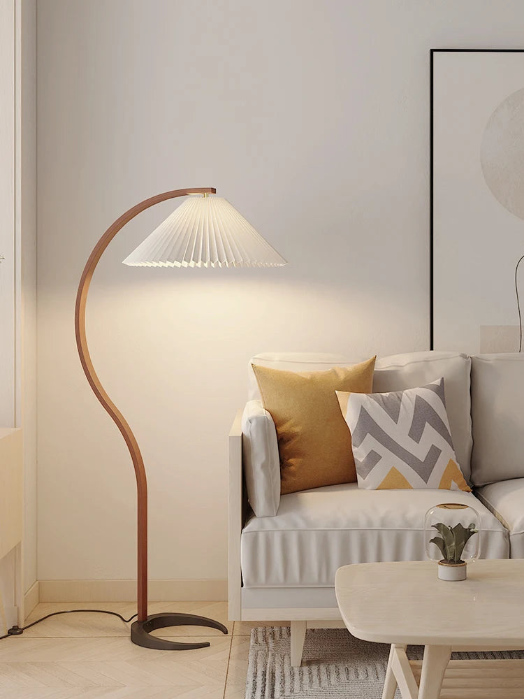 French Pleated Log Floor Lamp Nordic Retro Hall Sofa Reading Station Lamp Cloth Lampshade Light Suitable For Living Room Bedroom