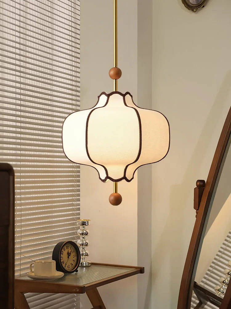 Retro Fabric Lampshade Pendant Light Japan Circular LED for Room Dining Table Apartment Wooden Ball Lighting Fixtures E27