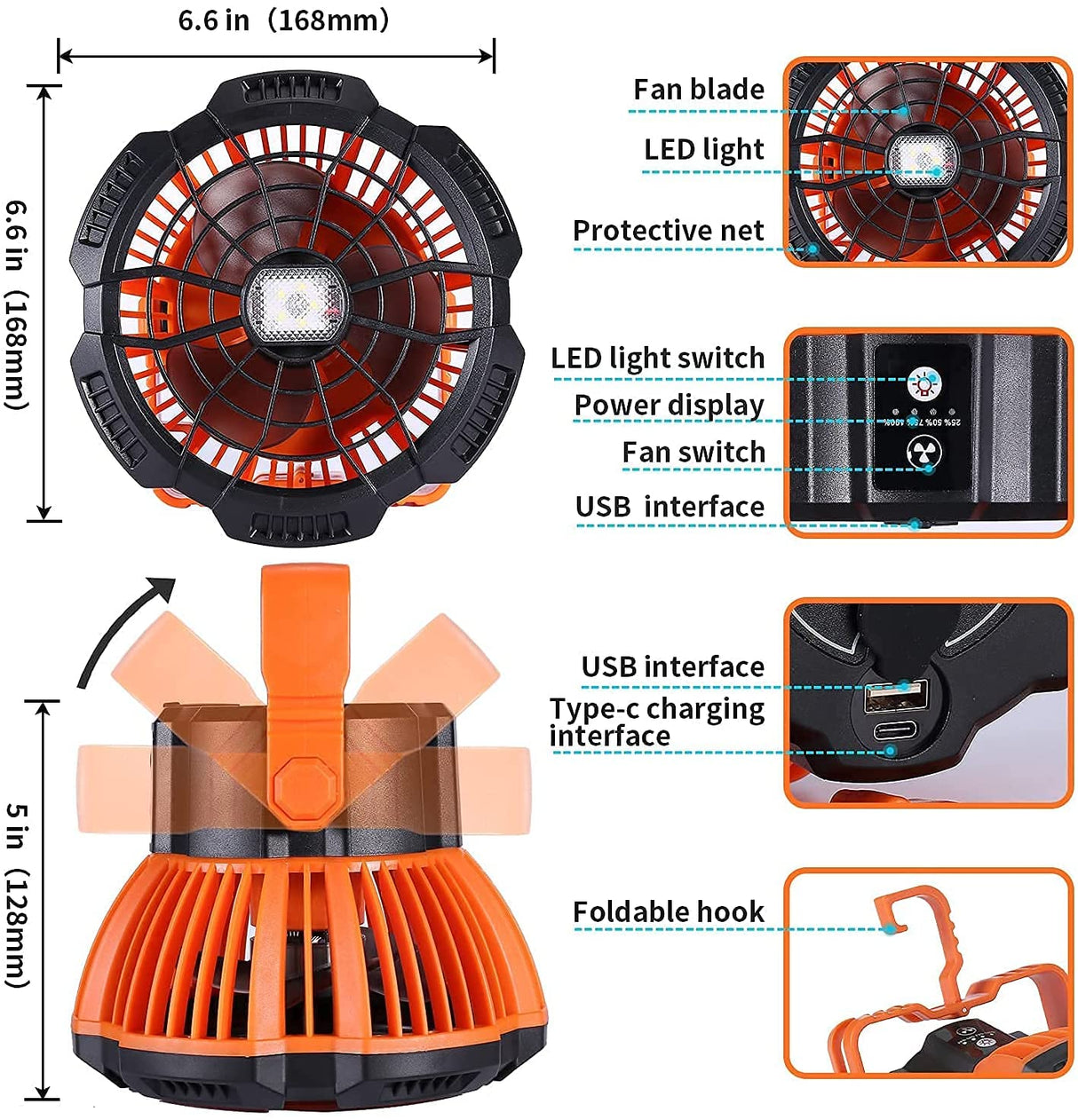 D2 Portable Camping Fishing Fan 2 in 1 LED Lamp Flashlight 3-Speed Outdoor USB Rechargeable Tent Fan Hanging Hook Torch Lantern