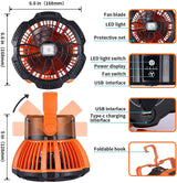 D2 Portable Camping Fishing Fan 2 in 1 LED Lamp Flashlight 3-Speed Outdoor USB Rechargeable Tent Fan Hanging Hook Torch Lantern