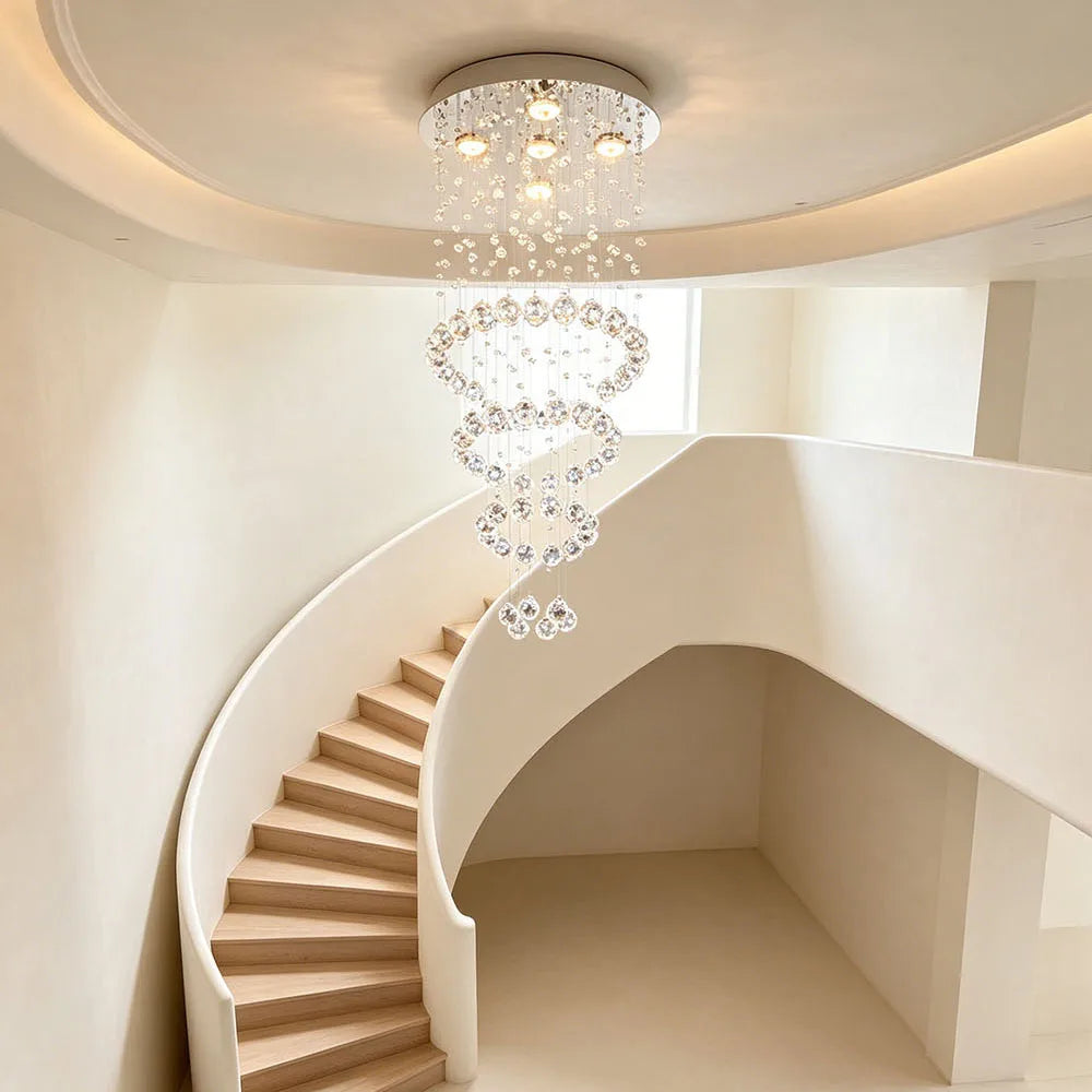 Multi Layer Waterfall Crystal Chandelier Round Ceiling Mount Pendant Light For Staircase Villa Hall Luxury Decor Fixture
