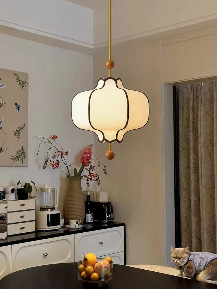 Retro Fabric Lampshade Pendant Light Japan Circular LED for Room Dining Table Apartment Wooden Ball Lighting Fixtures E27