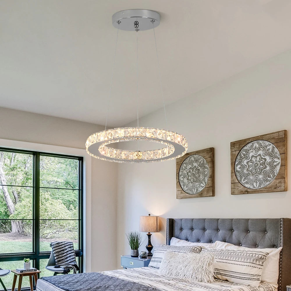 Modern Crystal Ceiling Lamp Luxury Rings Chrome Pendant Lighting Plafon Led Lamparas Indoor Fixtures Stainless Steel Hanging Lam