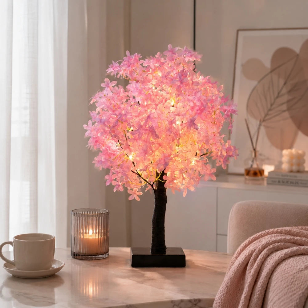 Pink Cherry Blossom Decorative Tree Lamp Bedroom Bedside Indoor Decor Night Light Warm Atmosphere Light Desktop Ornament