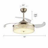 42" Retractable Ceiling Fan Light LED Invisible 3 Color Chandelier Lamp w/Remote Crystal Metal Ceiling Fan Light 107cm