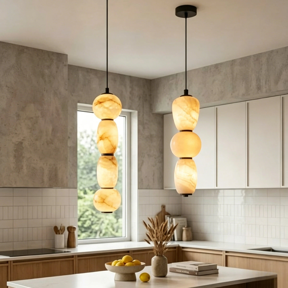 Designer Marble Alabaster Pendant Light - Natural Stone Ceiling Hanging Chandelier Fixture for Living Room, Dining Room & Home Decor