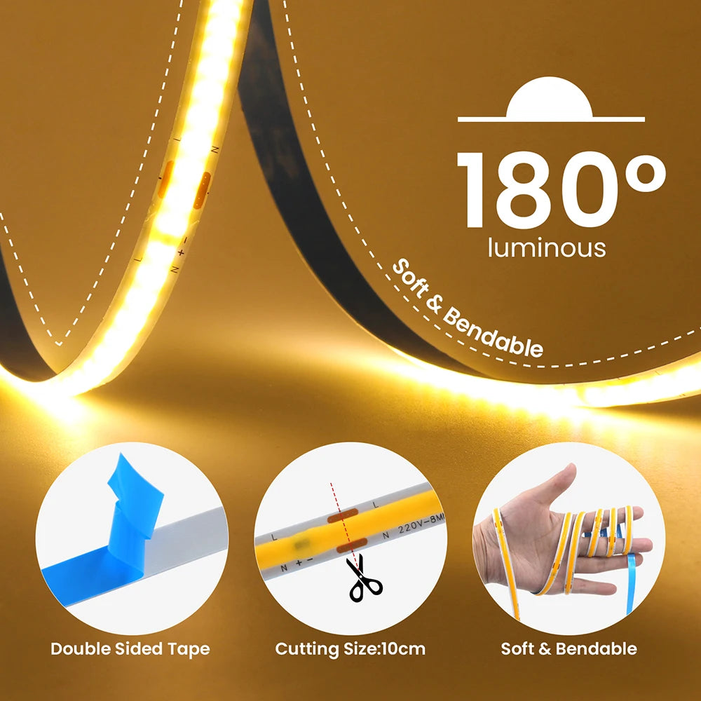5M 10M 15M 20M 110V 220V COB LED Strip Light Super Bright 240LEDs/M 2PIN Wire Tape Flex Ribbon EU US Plug Room Lighting 8MM PCB