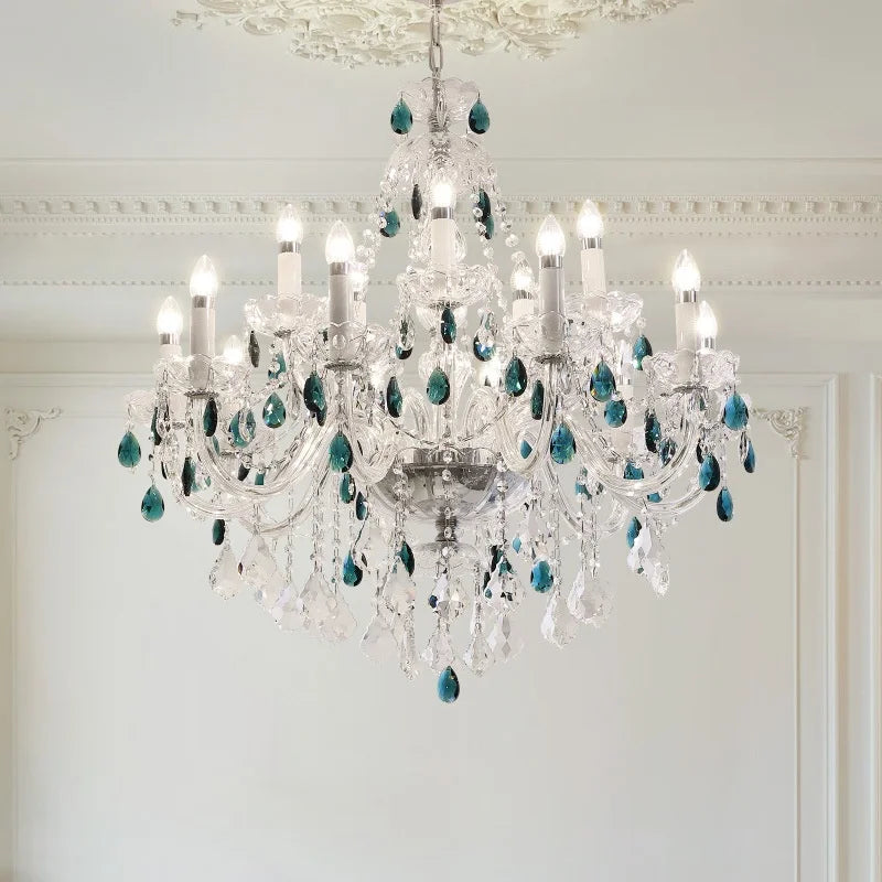 French Green Crystal Candle Chandelier Luxury Romantic Glass E14 Pendant Lights Living Room Art Decor Led Lamparas Bedroom Lamp