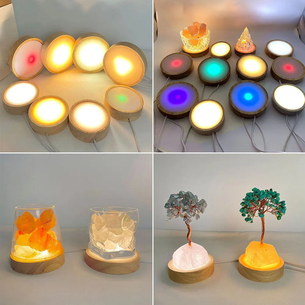 USB Plug Wooden Led Lamp Holder Round Display Stand Lamp Holder Crystal Art Ornament Luminous Base Ambient Lamp Night Light