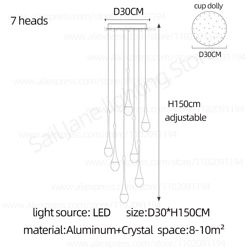 Nordic Minimalist Crystal Raindrop Pendant Light LED Staircase Chandelier For High Ceiling Villa Duplex Home Decor Living Room