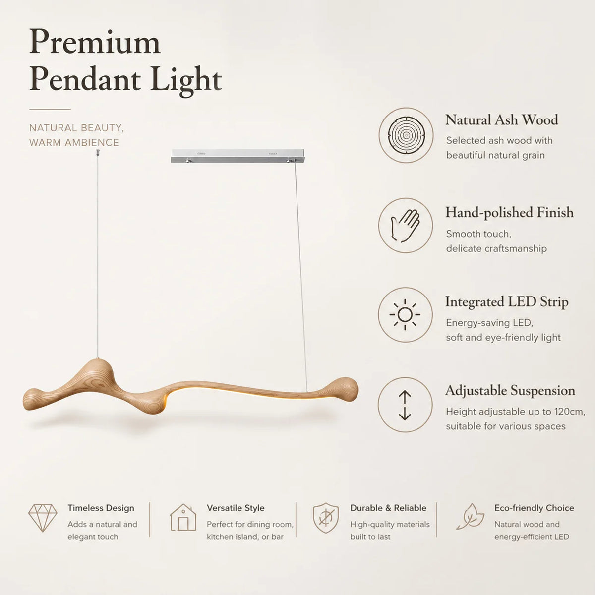 Linear Solid Wood Pendant Light with a Gentle Curve Dimmable LED Chandelier in 3 Wood Colors for Kitchen Island Dining Room
