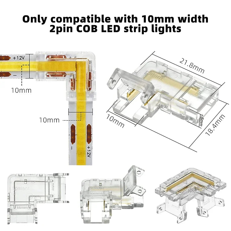 2Pin L-Shaped COB LED Connectors 8mm 10mm Strip to Strip Solderless Corner Connector for 2pin COB LED Strip Lights