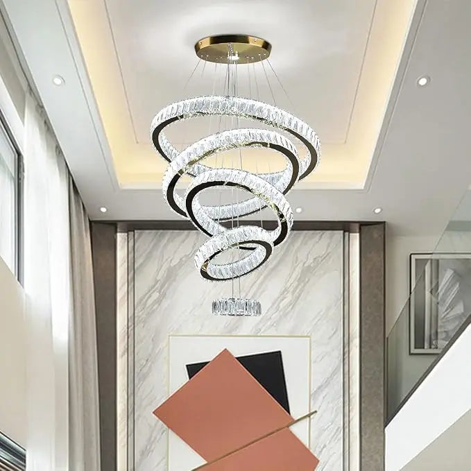 LED Crystal Chandeliers, Modern 5 Rings Pendant Light Titanium Gold Stainless Steel Height Adjustable Ceiling Light for Be