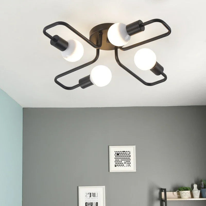 black Vintage barn metal semi flush mount ceiling light fixtures wrought iron chandeliers Nordic minimalist home lamp 4-Light