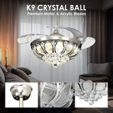 Crystal Ceiling Lamp Fan Light LED Chandelier Pendant Light With 4 Invisible Retractable Blades Remote Control