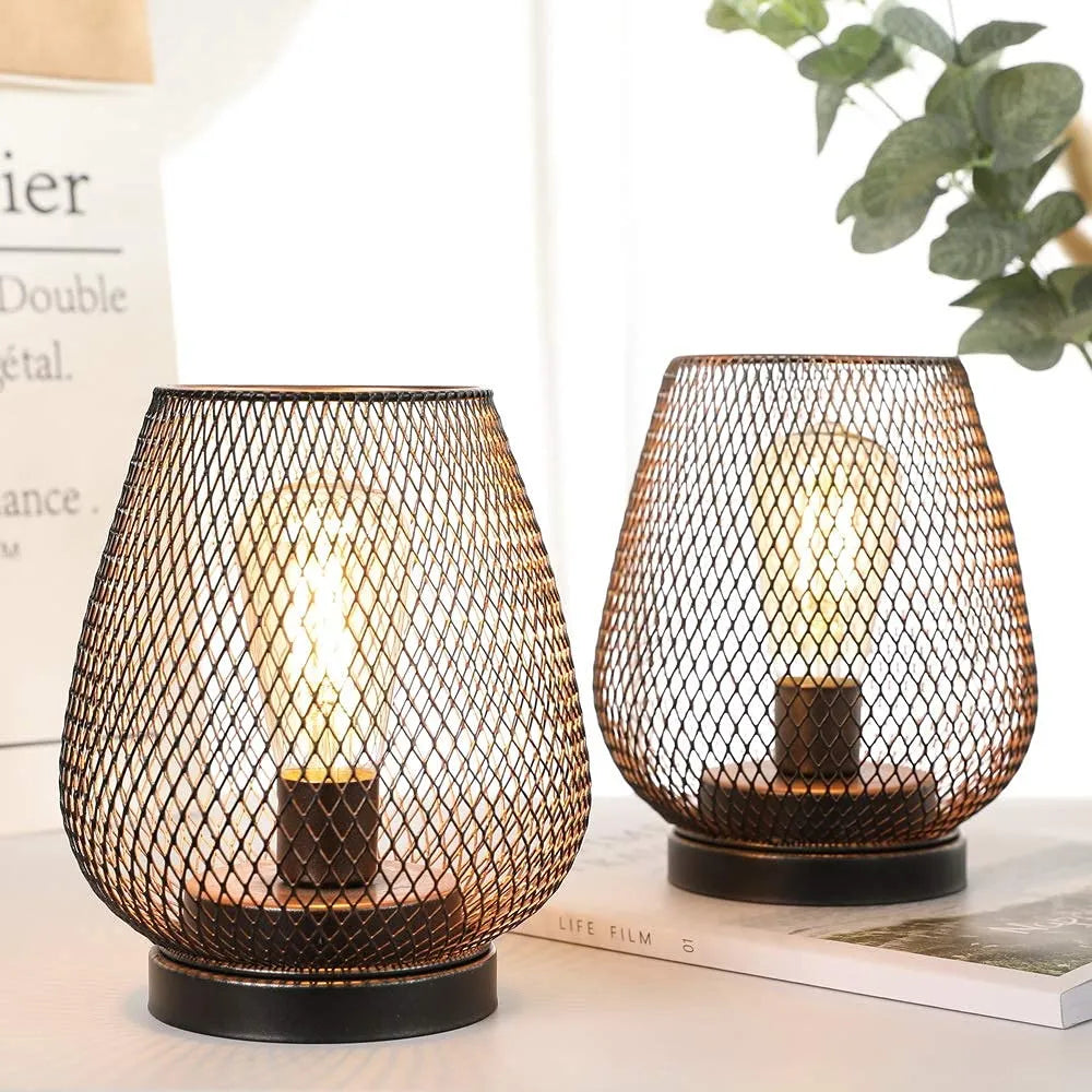 Set of 2 Bedside Lamps Battery Powered, Table Lamp 17cm High Vintage Cage Battery lamp for Living Room Bedroom Home