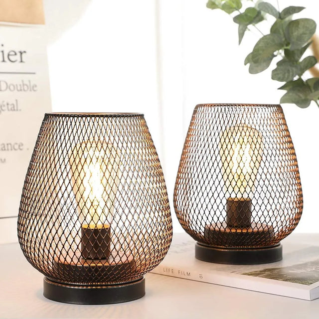 Set of 2 Bedside Lamps Battery Powered, Table Lamp 17cm High Vintage Cage Battery lamp for Living Room Bedroom Home