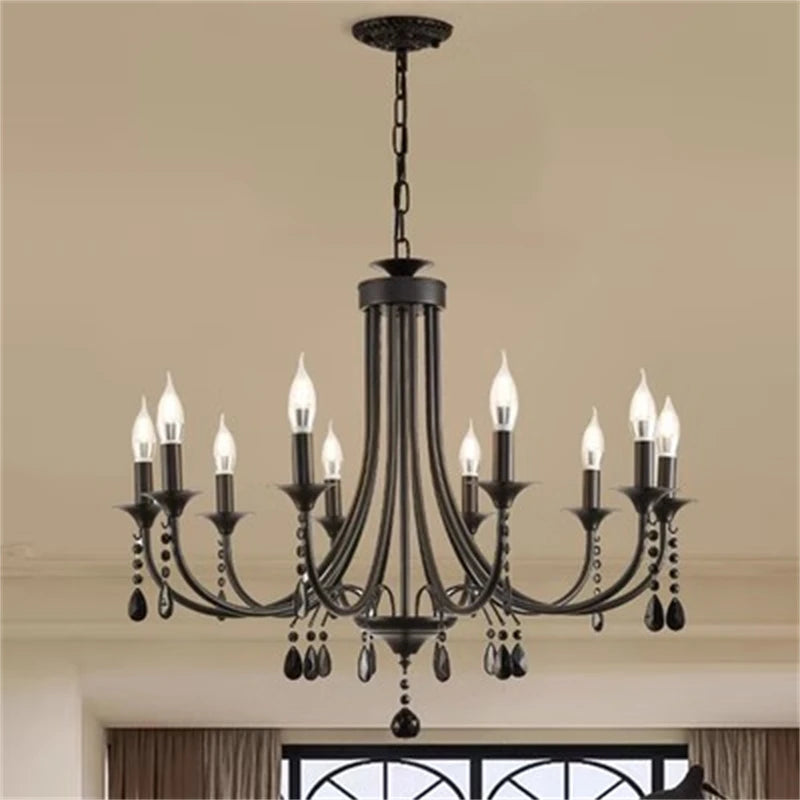 New Wrought Iron Crystal Chandelier European Classic Black Candle Lamp Modern Living Room Kitchen Dining Table Hanging Lamps