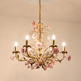 Pink Red Ceramic Rose Chandelier Luxury French Gold 5 Lights Chandelier Bedroom Lighting 6/8/10 Living Room Hanging Lights