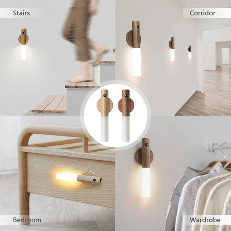 LED Wood Night Light PIR Motion Sensor Magnetic Wall Lamp USB Rechargeable Lights Home Staircase Bedroom Lamps Bedside Lighting