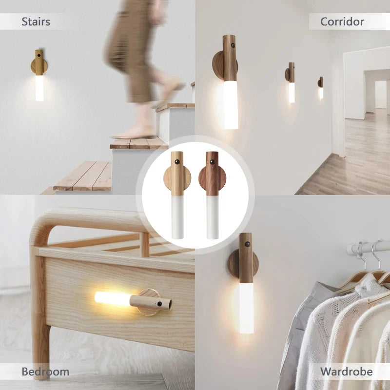 LED Wood Night Light PIR Motion Sensor Magnetic Wall Lamp USB Rechargeable Lights Home Staircase Bedroom Lamps Bedside Lighting