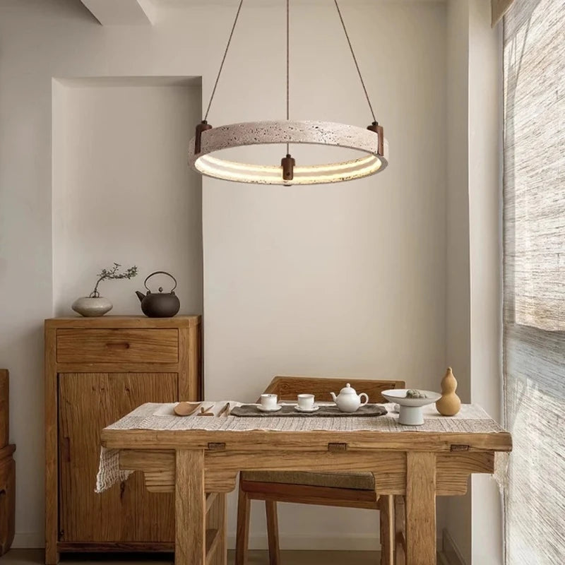 Wabi-sabi Natural Stone Pendant Light - Travertine Ring Suspension Luminaire