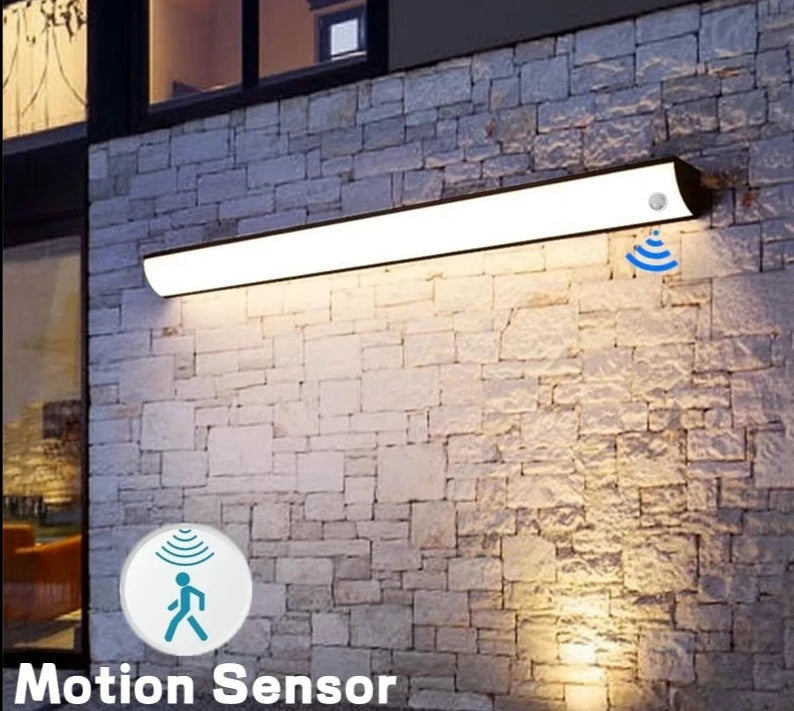 Motion Sensor LED Outdoor Wall Lamp IP65 Waterproof Long Strip Corner Garden Sconce Front Door Porch Home Exterior Wall Lighting