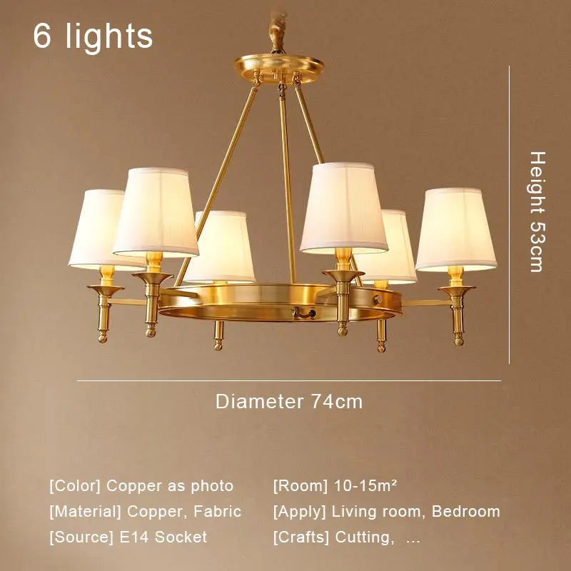 Rural LED ring Copper Ceiling Chandelier retro Fabric lamp Living Room Bedroom Home Decor Hanging Lamp American dining light