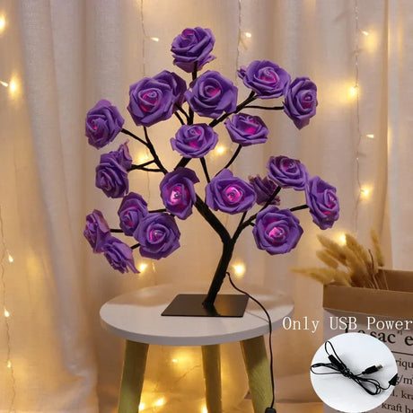 Novelty 24 LED Rose Flower Tree Lights USB Table Lamp Fairy Night Lamp Home Party Christmas Wedding Bedroom Decoration Gift