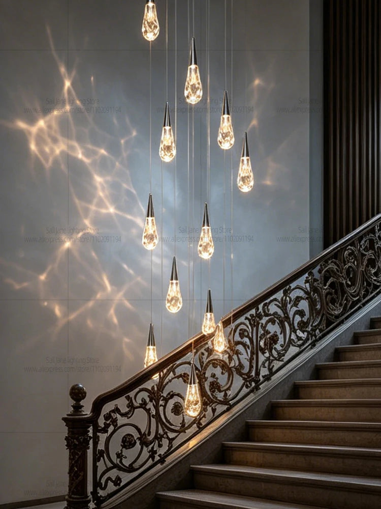 Modern Luxury Crystal Chandelier Hanging Staircas Water Droplet Pendent Lamp Villa Living Room Ceiling Light Attic Pendant Light