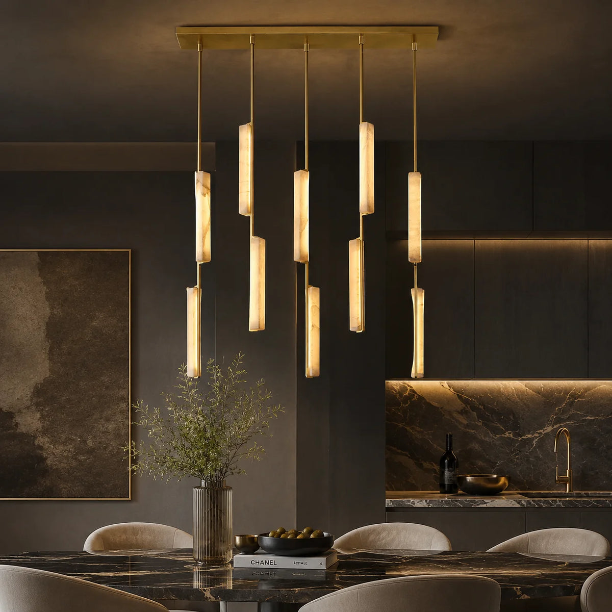 Luxury Spanish Marble Chandelier Brass Hanging Light 3 Color Dimmable Pendant Lamp for Villa Living Room Dining Area Hotel Lobby