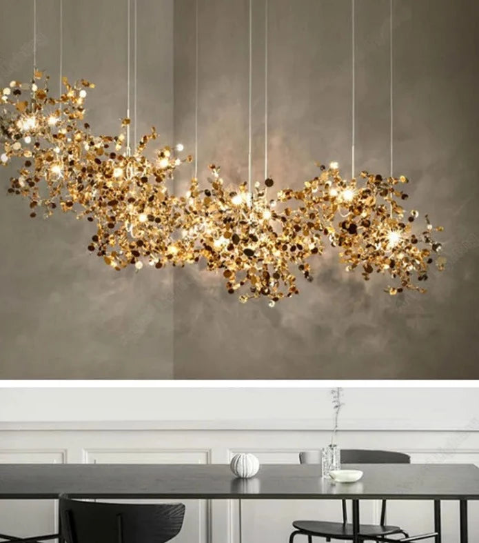 Nordic LED Chandelier Stainless Steel Chrome Leaf Personality Art Decors Living Dining Room Bar Table Hanging Lighting